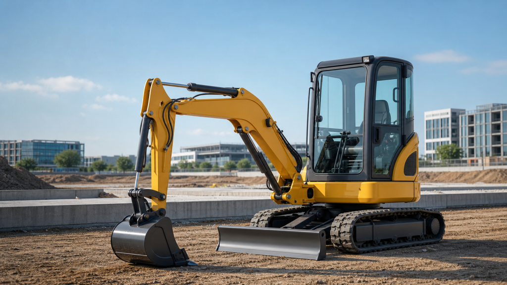 Yellow mini excavator for construction and landscaping