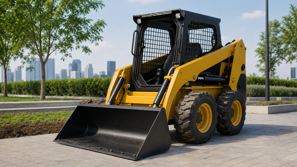 Yellow wheeled skid steer loader