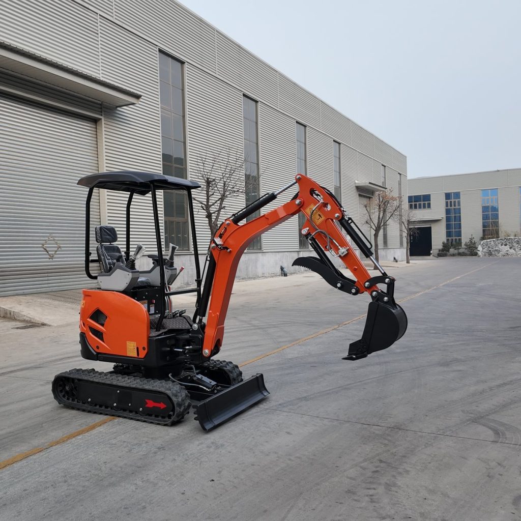 Side view of 1.5 ton mini excavator at China factory, boom raised showing working range