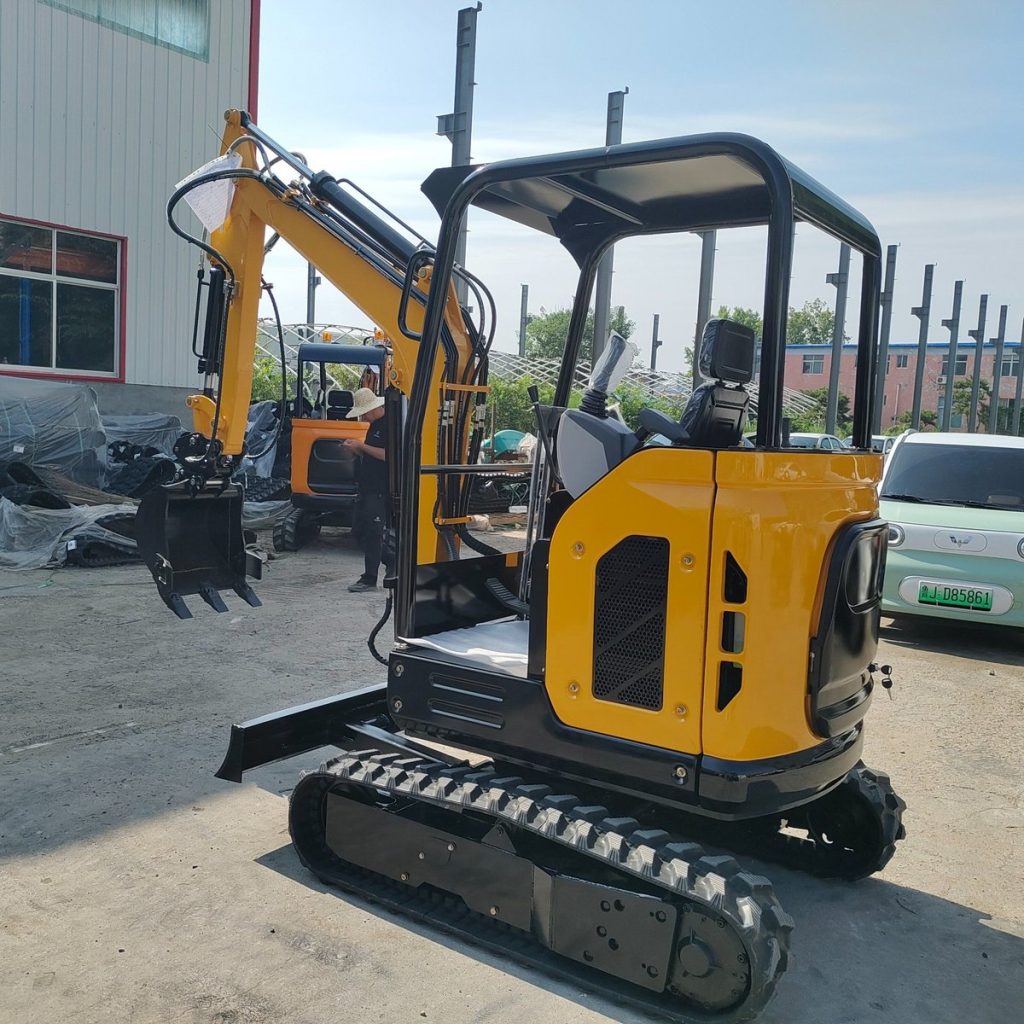 Chinese mini excavator with quick coupler and canopy in factory yard before export