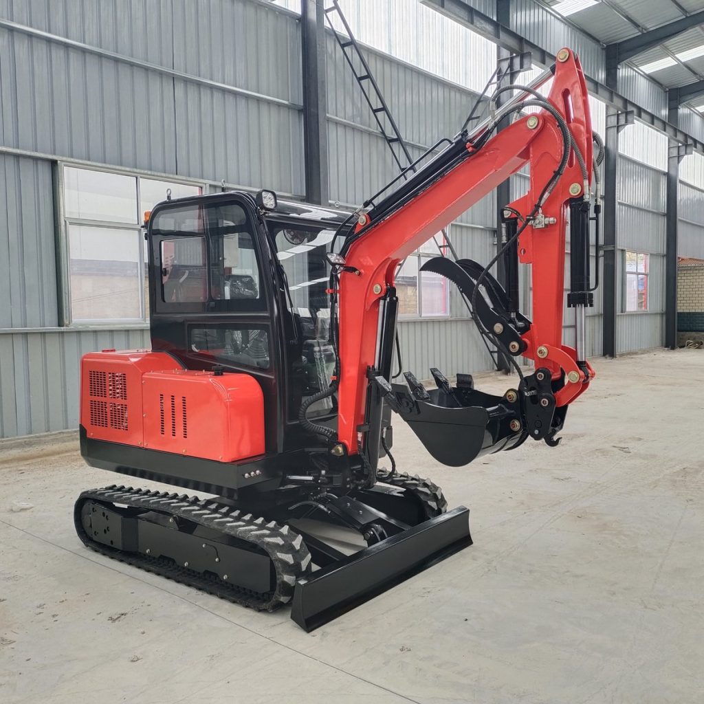 Mini excavator with quick coupler and bucket attachment for landscaping tasks