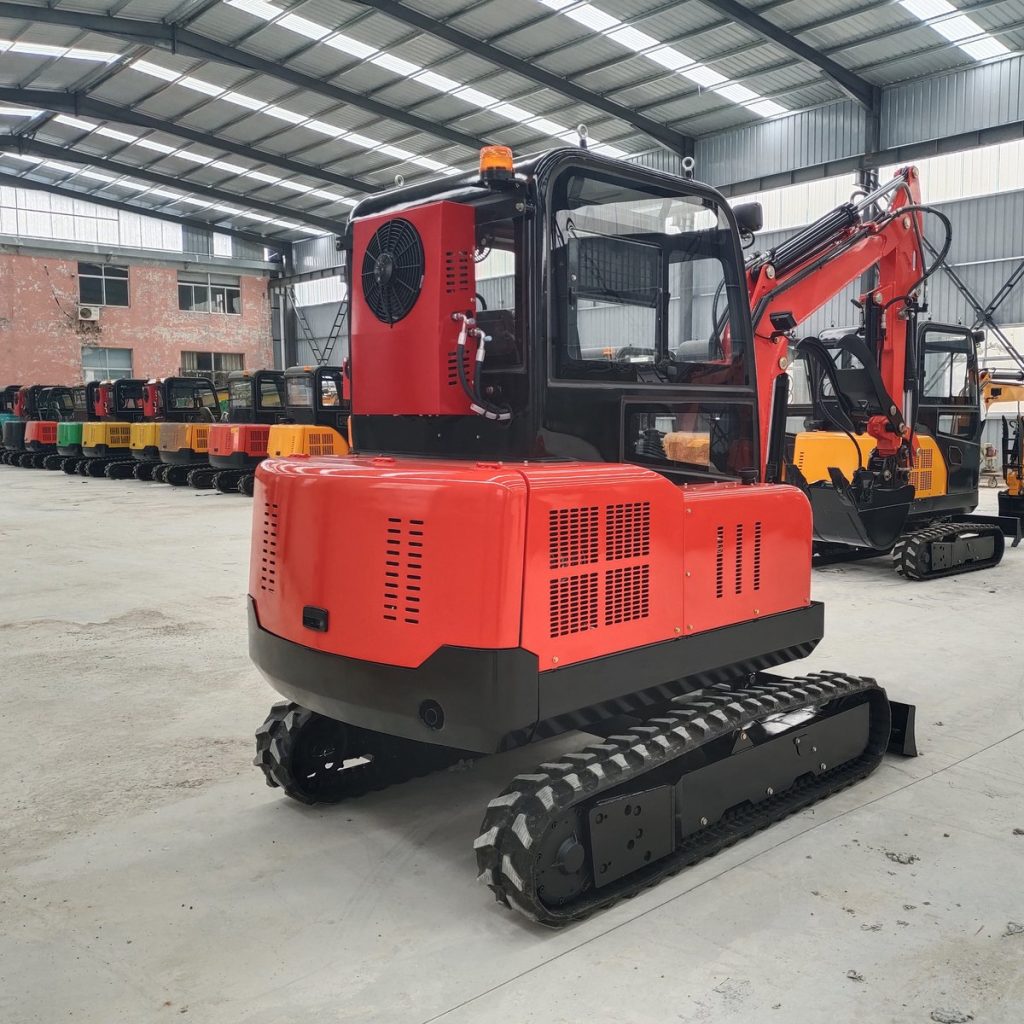 Rear view of mini excavator showing counterweight profile and tail swing clearance