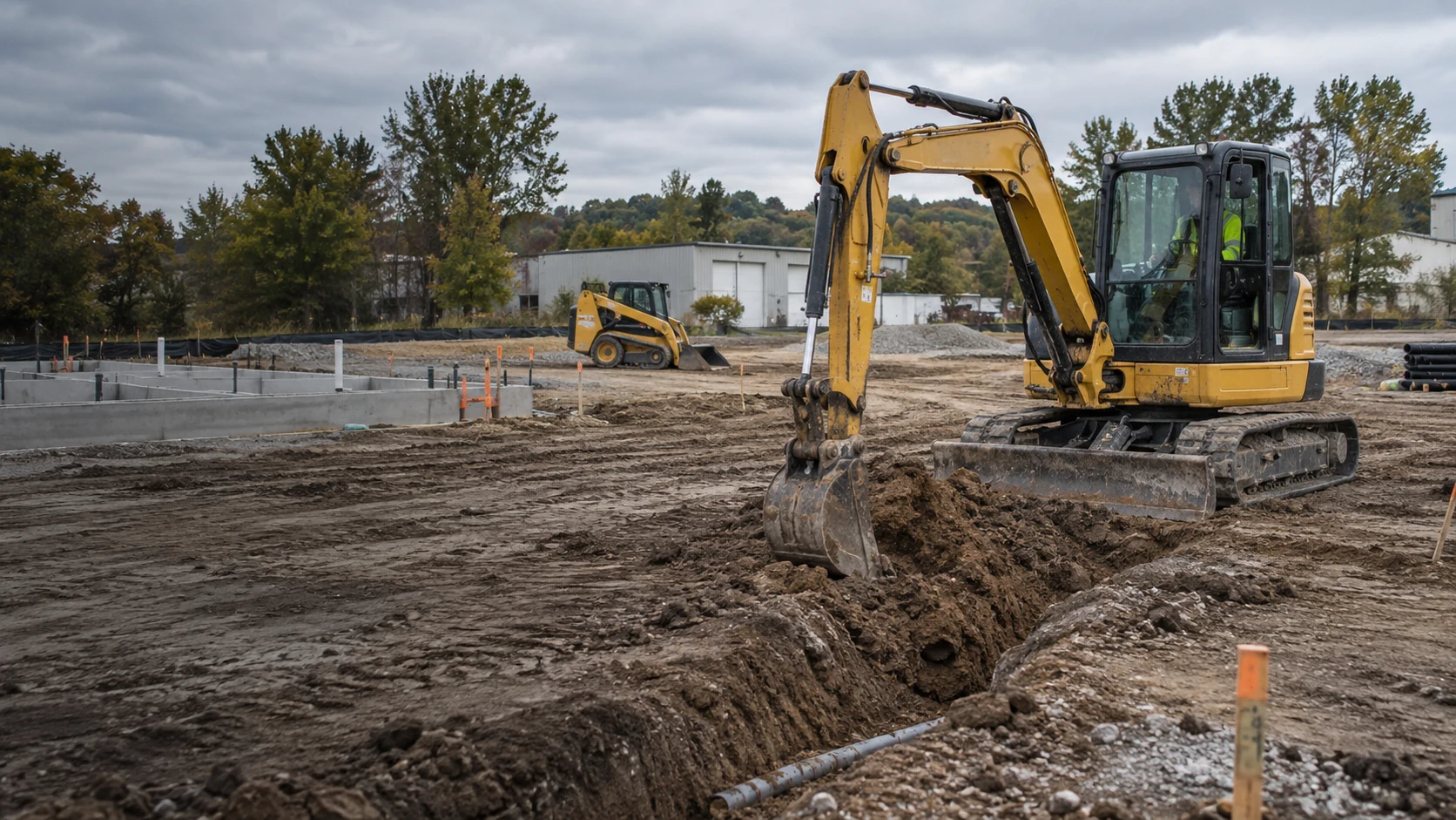Illustration of construction engineering machinery at a jobsite