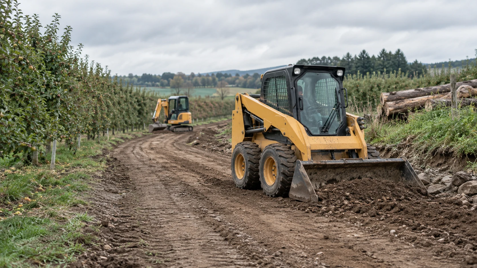 Illustration of machinery maintaining a farm and forestry path