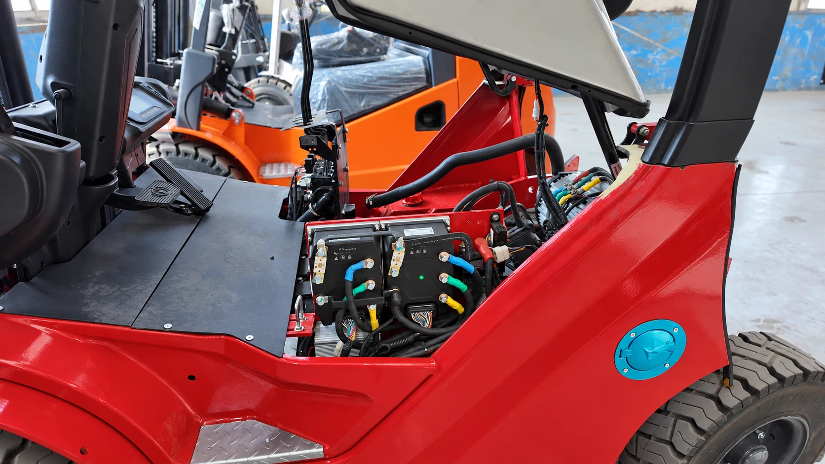 AI-retouched workshop photograph: forklift electrical compartment detail