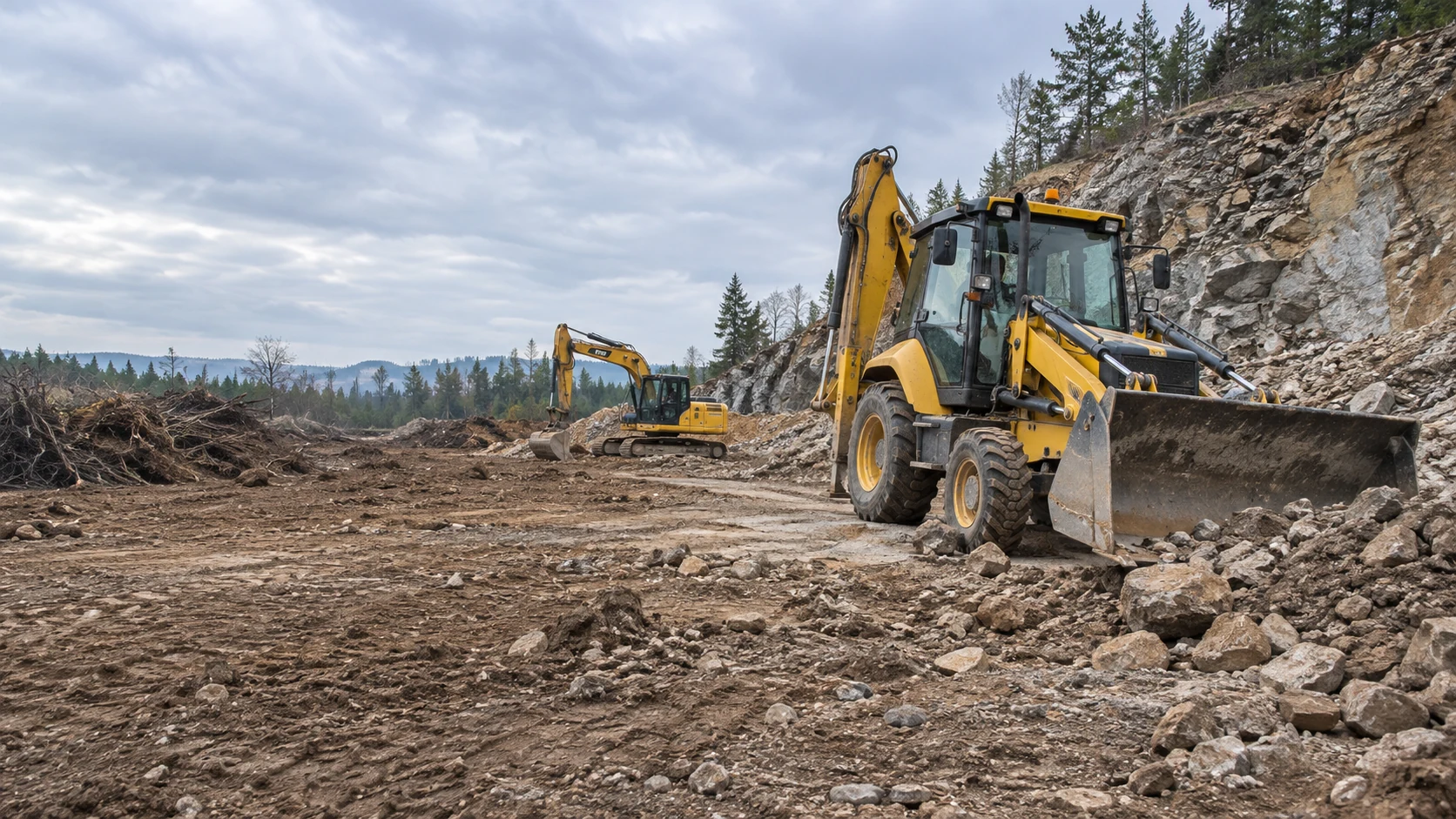 Illustration of machinery clearing rugged ground