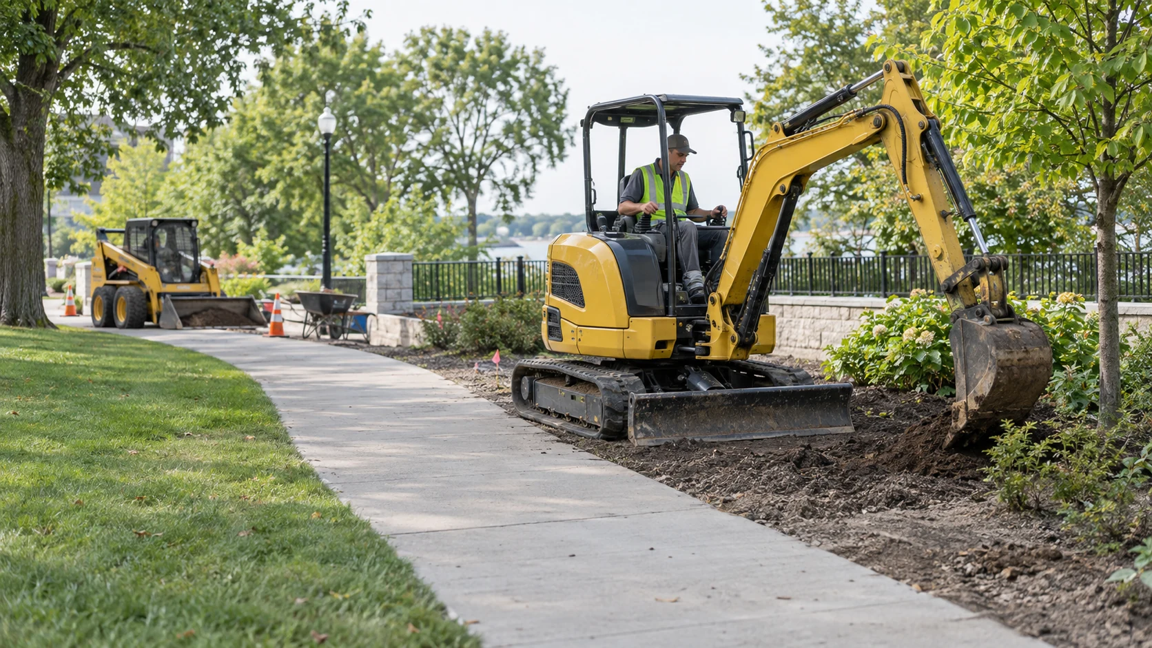 Illustration of compact machinery in municipal landscaping