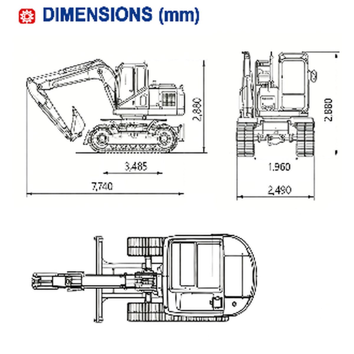 HL135 catalog dimension drawing showing overall length, width and separate boom and cab heights