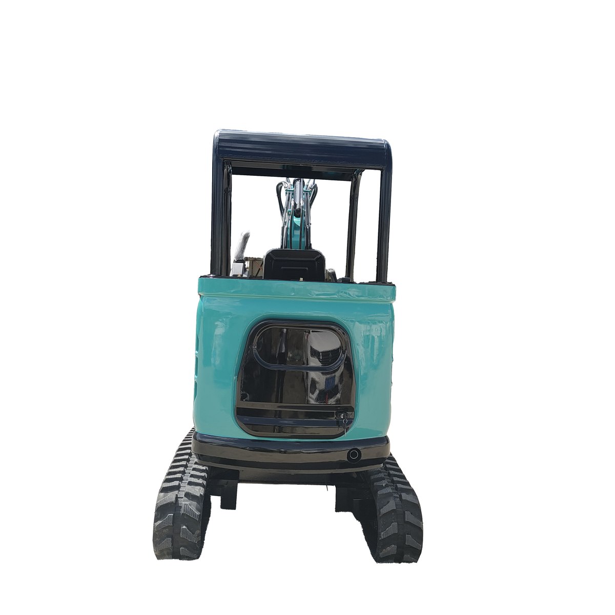 Rear view of a teal HL20 excavator with an open canopy and rubber tracks