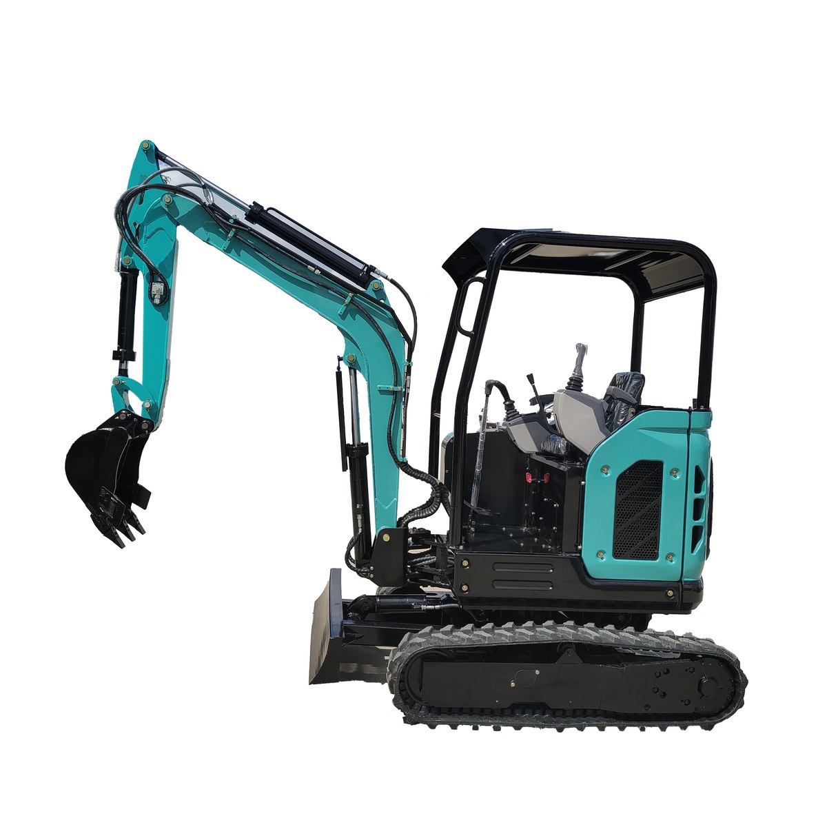 Teal HL20 excavator photographed from the side with an open canopy and rubber tracks