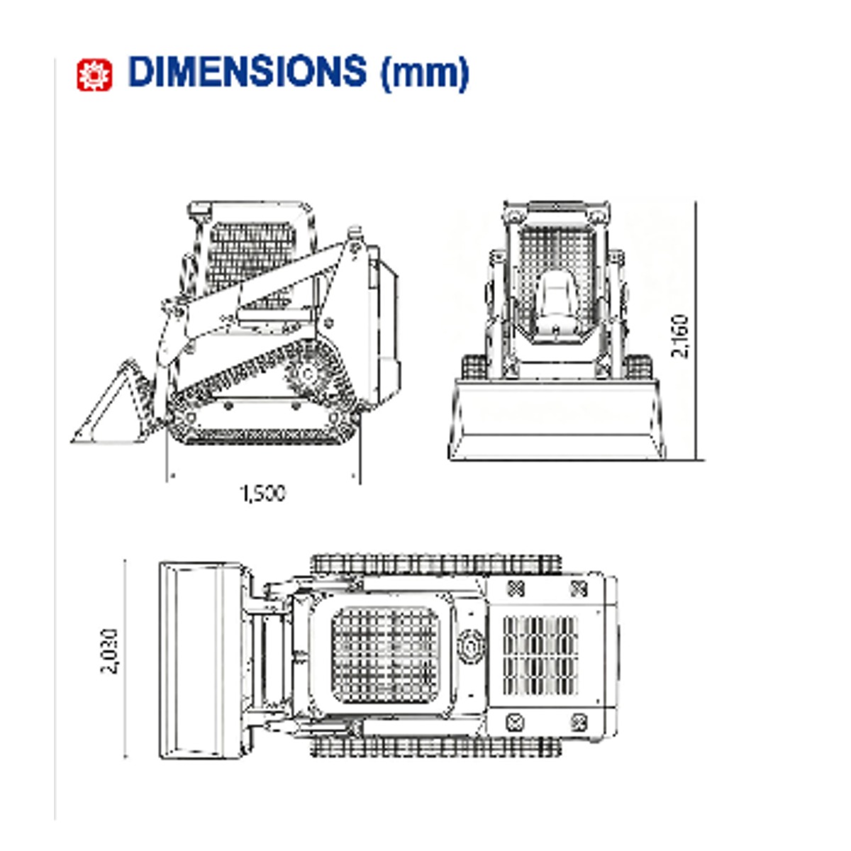 HLT100 catalog dimension drawing showing 2030 mm width with bucket and 2160 mm overall height