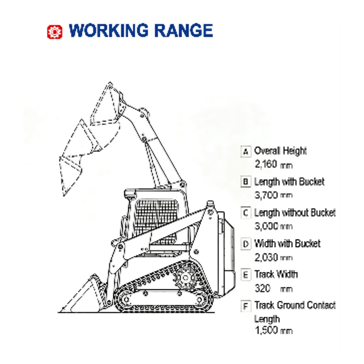 HLT100 catalog panel listing 320 mm track width, 1500 mm ground-contact length and reference machine dimensions