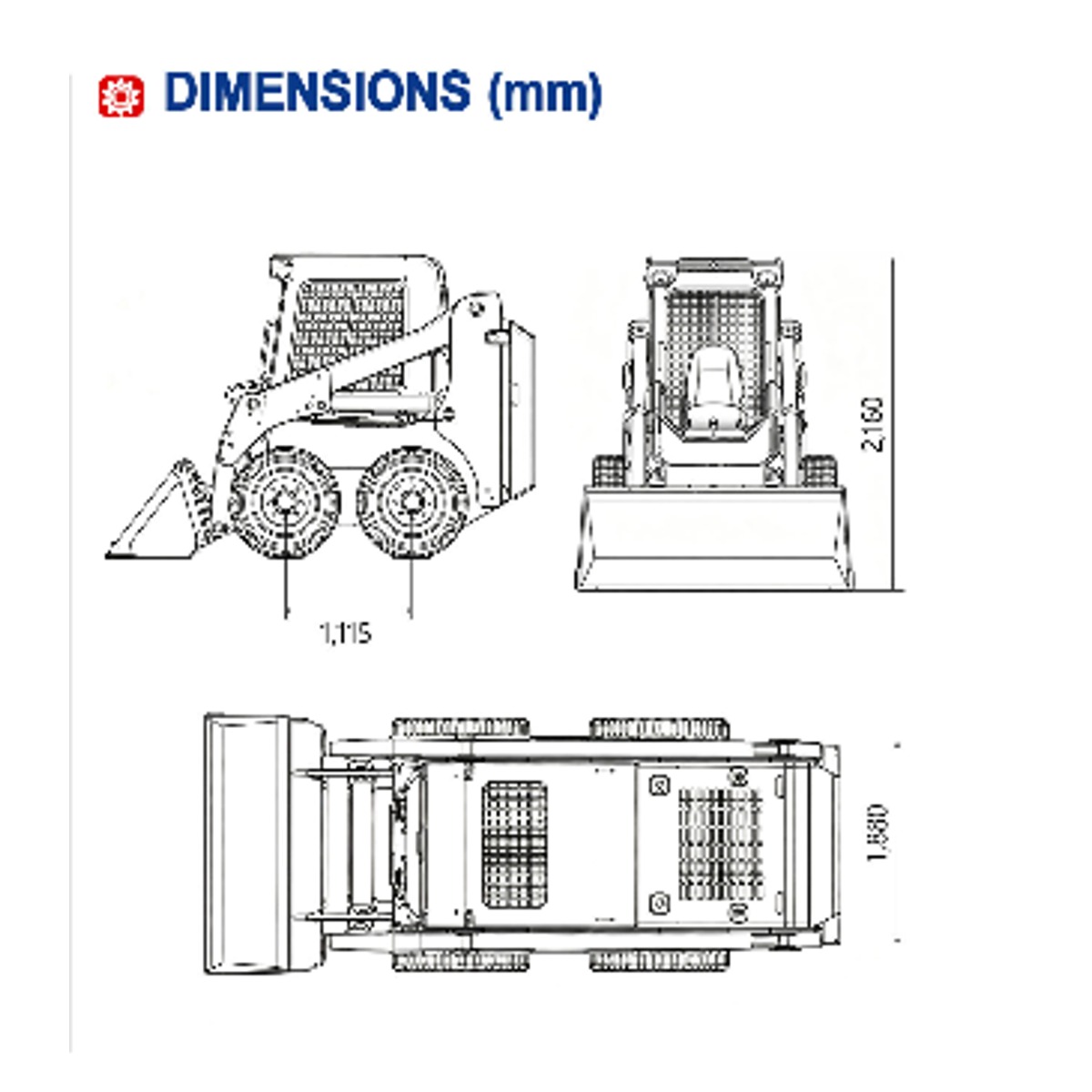 HLY75 catalog dimension drawing showing 1880 mm width with bucket, 2160 mm height and 1115 mm wheelbase