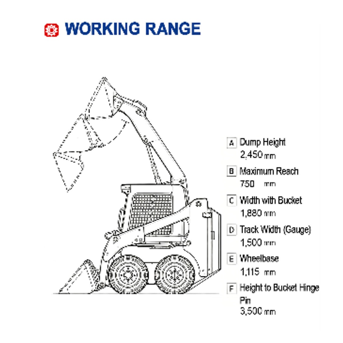 HLY75 catalog working-range drawing listing 2450 mm dump height and 3500 mm bucket hinge-pin height