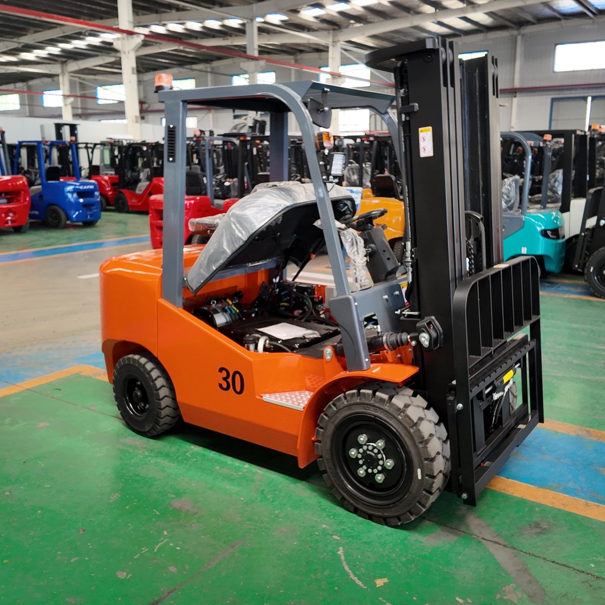 Orange forklift with 30 marking photographed on a factory floor