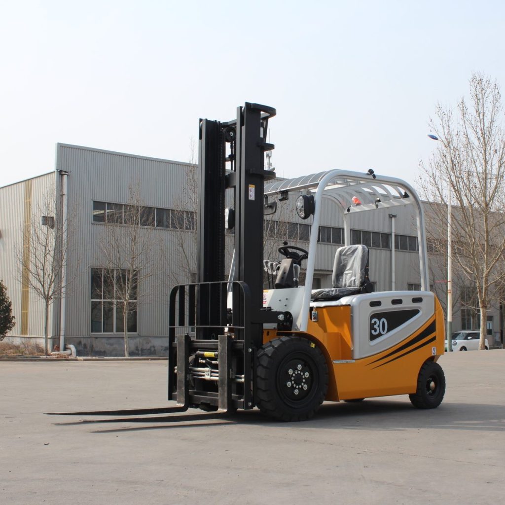 Orange 30-marked electric forklift outside the factory
